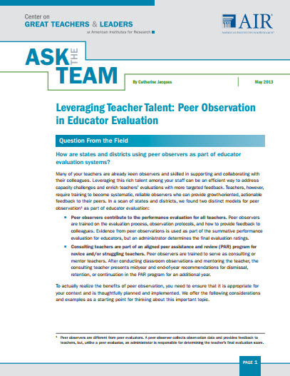 Leveraging Teacher Talent:  Peer Observation in Educator Evaluation